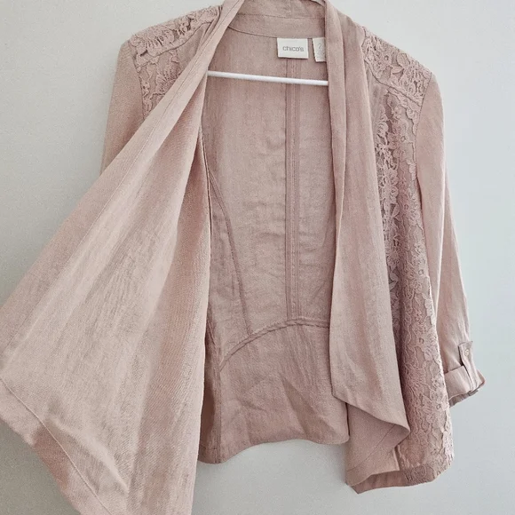 Blush Pink Open-Front Lace Detail Cardigan Blazer Womens Size L (Chicos Size 2) - Picture 4 of 9